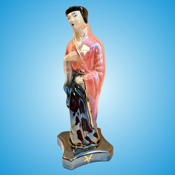 Tall mid-century Hollywood Regency lusterware Chinese pink black gold statuette - Picture 6 of 16